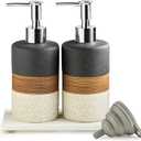 Ceramic Dish Soap Dispensers Set(2 Pack), Hand, Dish, Shower Soap Dispenser for Kitchen Sink & Bathroom, Includes Stainless Steel Pump, Silicone Funnel & Diatomaceous Holder, Black