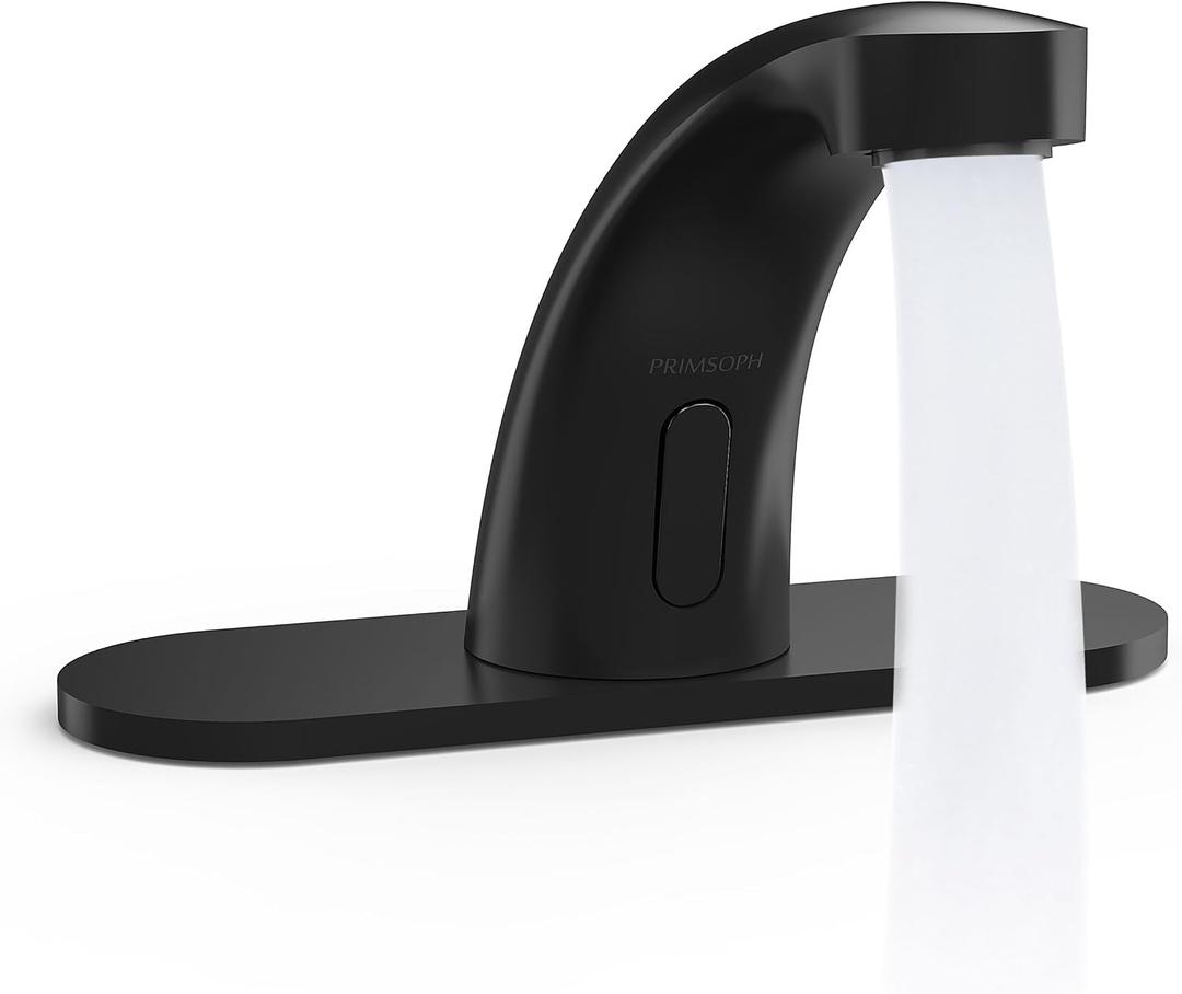 PRIMSOPH Automatic Motion Sensor Hands Free Electronic Infrared Smart Commercial Touchless Bathroom Sink Faucet with Cover Plate Temperature Mixer Battery or Plug-in Powered Matte Black