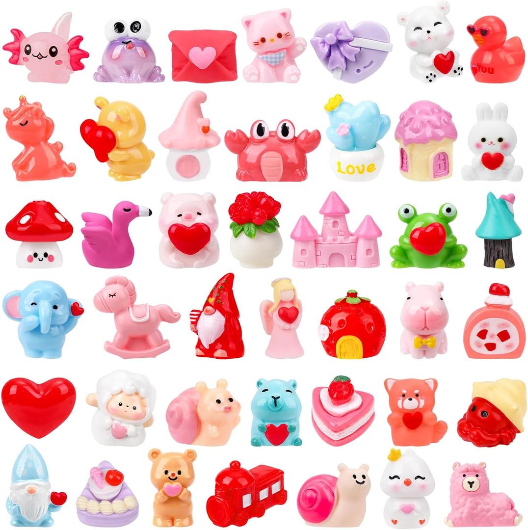 21 Pcs Valentine's Day Miniature Figurines 21 Style Valentines Mini Small Resin Figurines with Love Heart Animals and Little Ducks for Valentines Party Gifts Dollhouse Fairy Garden Landscape Home Decor