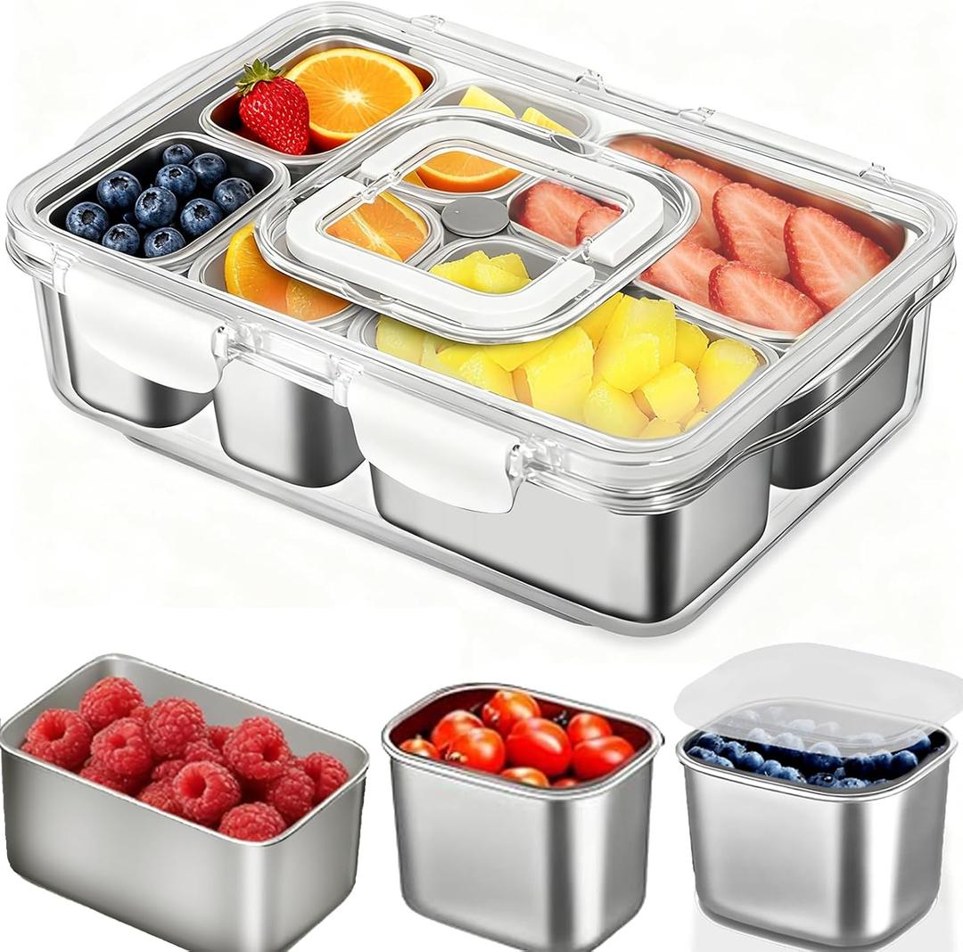 Snackle Box ContainerSnackle Box with 6 Compartment Stainless Steel Containers,Dishwasher Safety Snack Tray with Lid and Handle,Large divided serving tray for Travel, Picnic, Beach, Pool and Parties