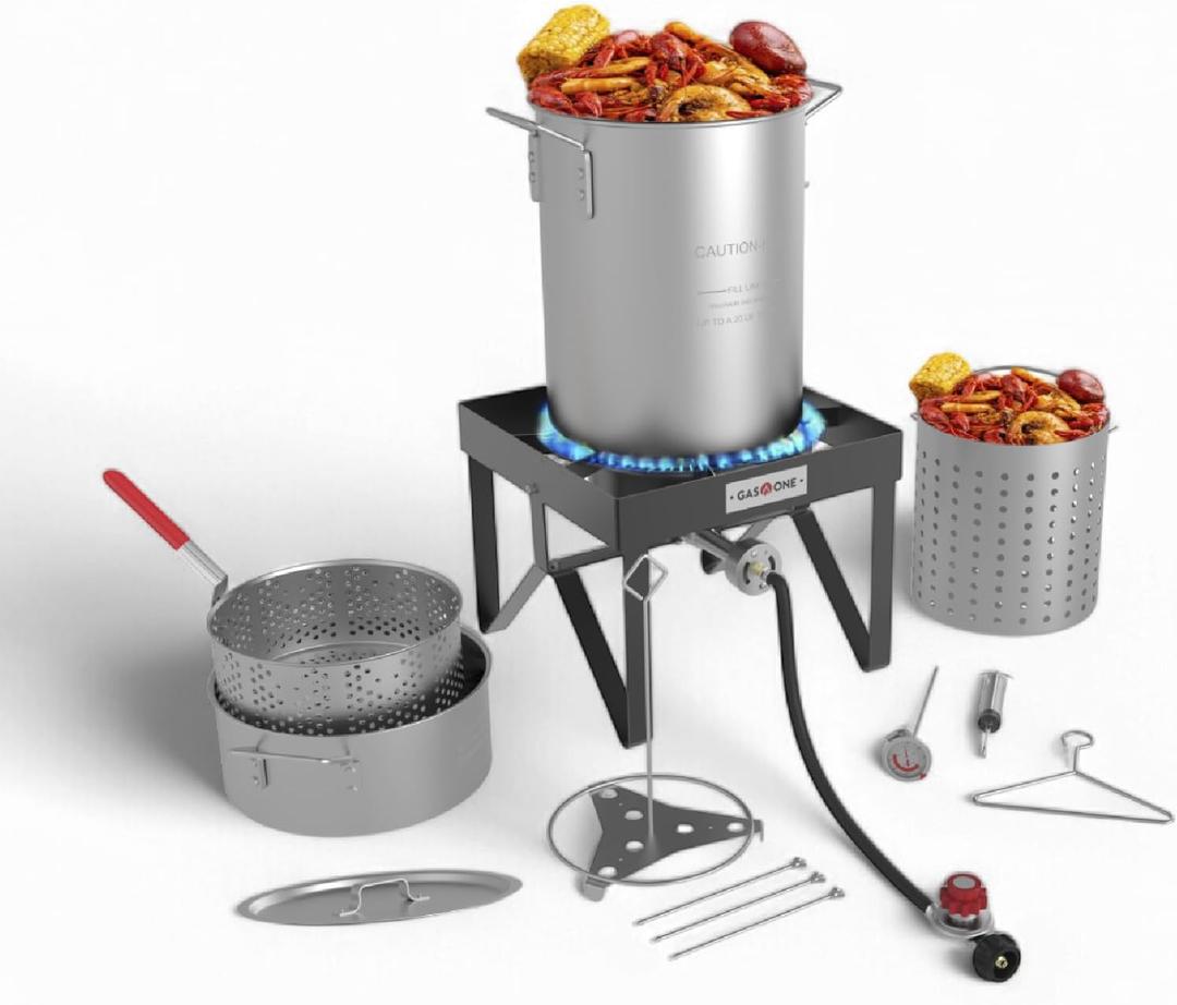 GasOne Seafood Boil Kit, 30QT & 10QT Propane Burner Set for Crawfish, Crab, Shrimp, Lobster, Turkey Frying, with High-Pressure Regulator & Hose  Complete Outdoor Cooker for Boiling & Frying