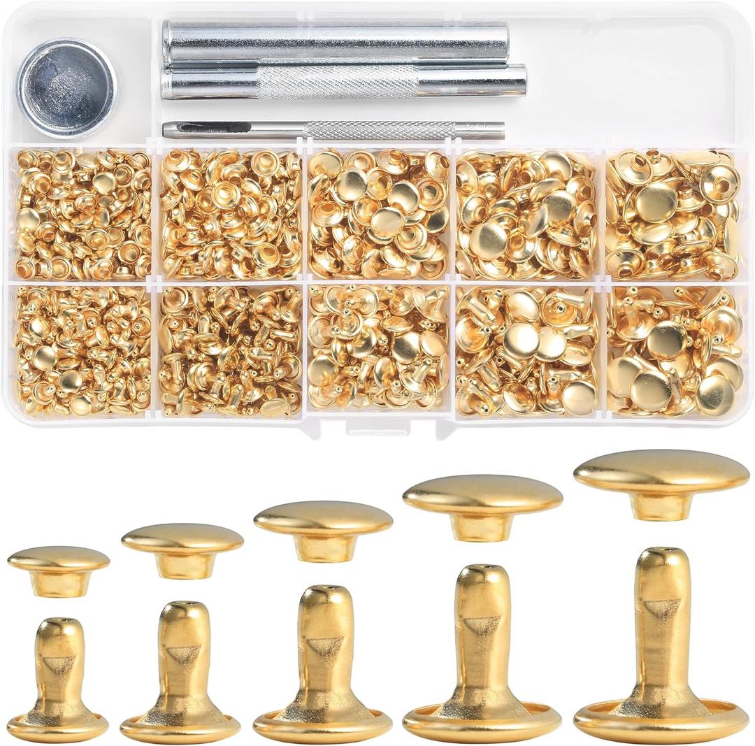 YORANYO 340 Sets Leather Rivets Kit Mixed Sizes Rivets for Leather Double Cap Rivets Studs for Clothing Fabric with Leather Crafting Rivet Tool for Repair Decorate Clothes Shoes Bags Belts (Gold)