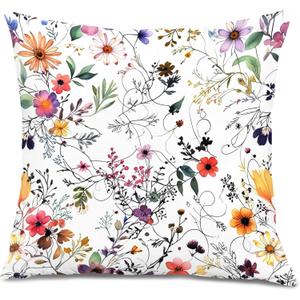 2 x Colorful Floral Botanical Pillow Covers 18x18, Flower Floral Room Decor, Rustic Cottagecore Wildflower Plants Decorative Throw Pillow Covers for Bedroom Living Room Home Office (Colour 05)