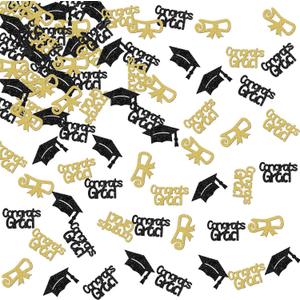 Graduation Party Confetti Decorations, Black and Gold Glitter, Congrats Grad and Cap Design, for 2025 Graduation Party Supplies