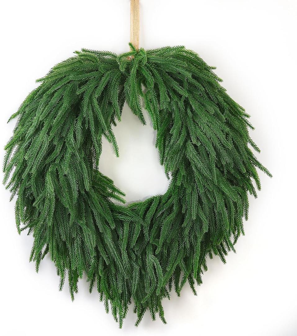 24" Norfolk Pine Christmas Wreath for Front Door  Large Artificial Greenery Wreath for Wall, Porch, or Indoor Outdoor Holiday Decor  Real Touch Pine Foliage (1, 24")