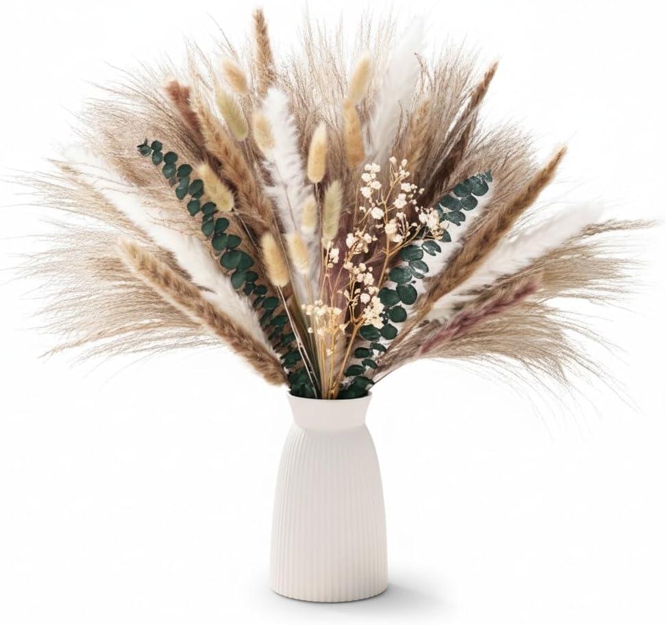 JOHOUSE 120PCS Dried Pampas Grass Set for Vase, Natural Pampas Grass Eucalyptus Stems Bunny Tails 17 inches for Boho Home Wedding Farmhouse Decor