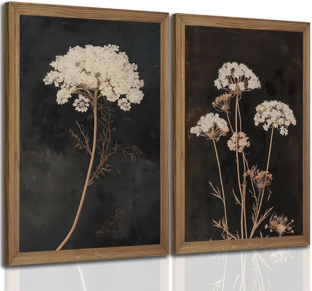 2Pcs Framed Moody Botanical Wall Art with Wood Frame Vintage Queen Annes Lace Flower Canvas Paintings Rustic Floral Poster Picture Prints Decor for Farmhouse Living Roomor Bedroom16X24In