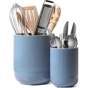 LE TAUCI Utensil Holder for Kitchen Counter, 7.3"+5.4" Fluted Ceramic Utensil Crock Organizer for Countertop, Heavy Large Holder for Spatulas, Spoons, Set of 2, Dusty Blue
