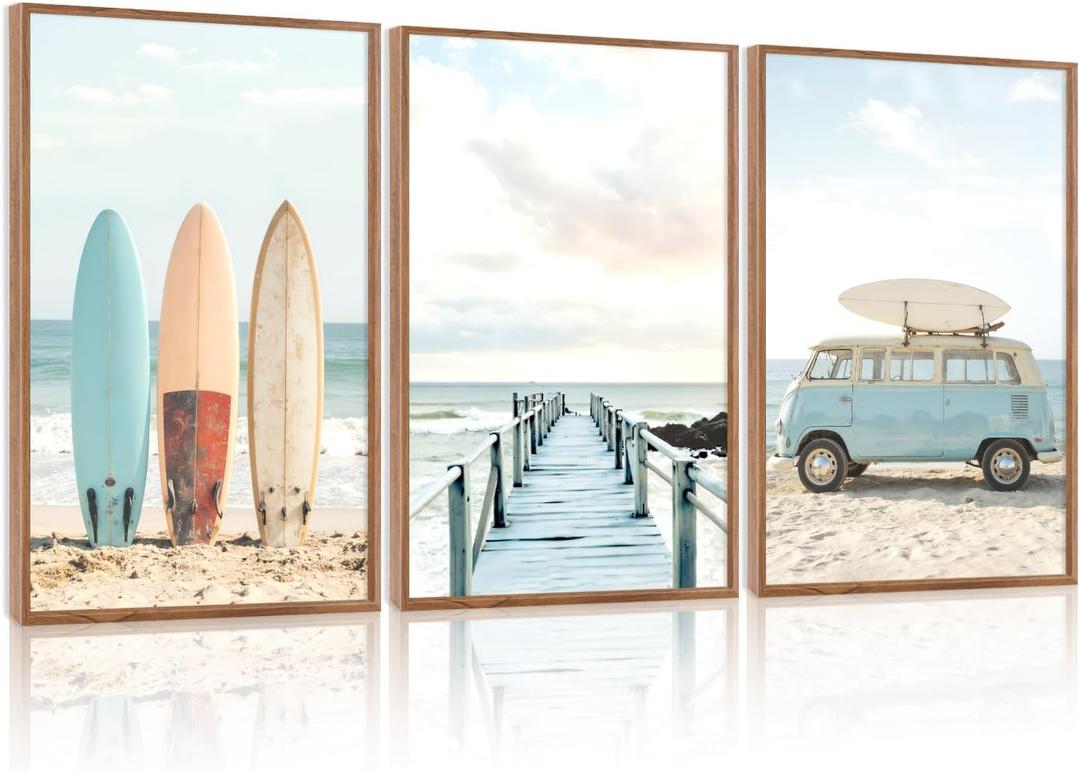 HOURIA 3Pcs Summer Coastal Beach Canvas Wall Art (16"x24"), Summer Tropical Ocean Themed Wall Decor, Vintage Camper Van Boardwalk Surfboard Art Print for Living Room Bedroom Office