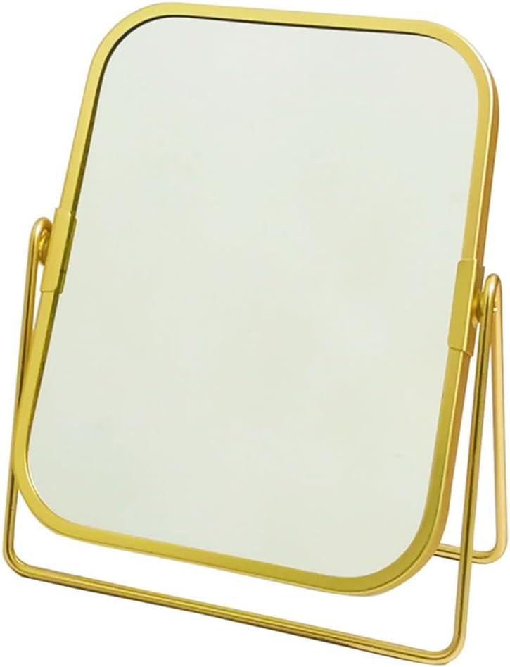 2-Sided Golden Tabletop Makeup Mirror, Double Sided 2X Magnification Vanity Mirror, 360Rotation Dressing Table Mirror (Gold - Rectangle)
