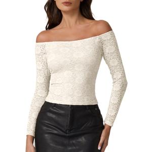 QINSEN Womens Lace Trim Off Shouder Top Long Sleeve Double Lined Y2k Trendy T Shirts (Large, Beige)