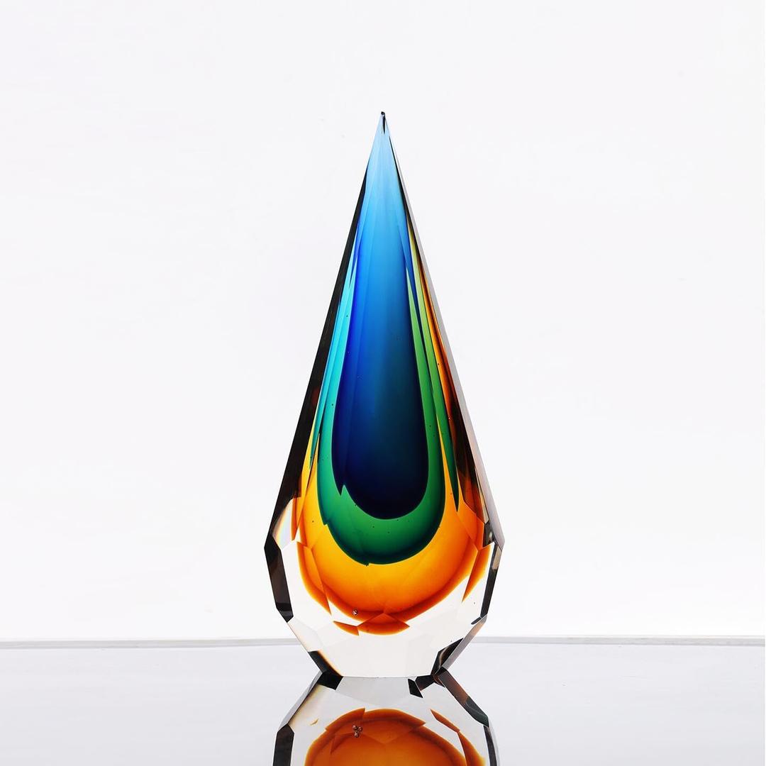 YAOYUAN Handmade Murano Glass Art Decor Sculpture - Unique Hand-Cut Cube Paperweight for Home Dcor (12.2in)