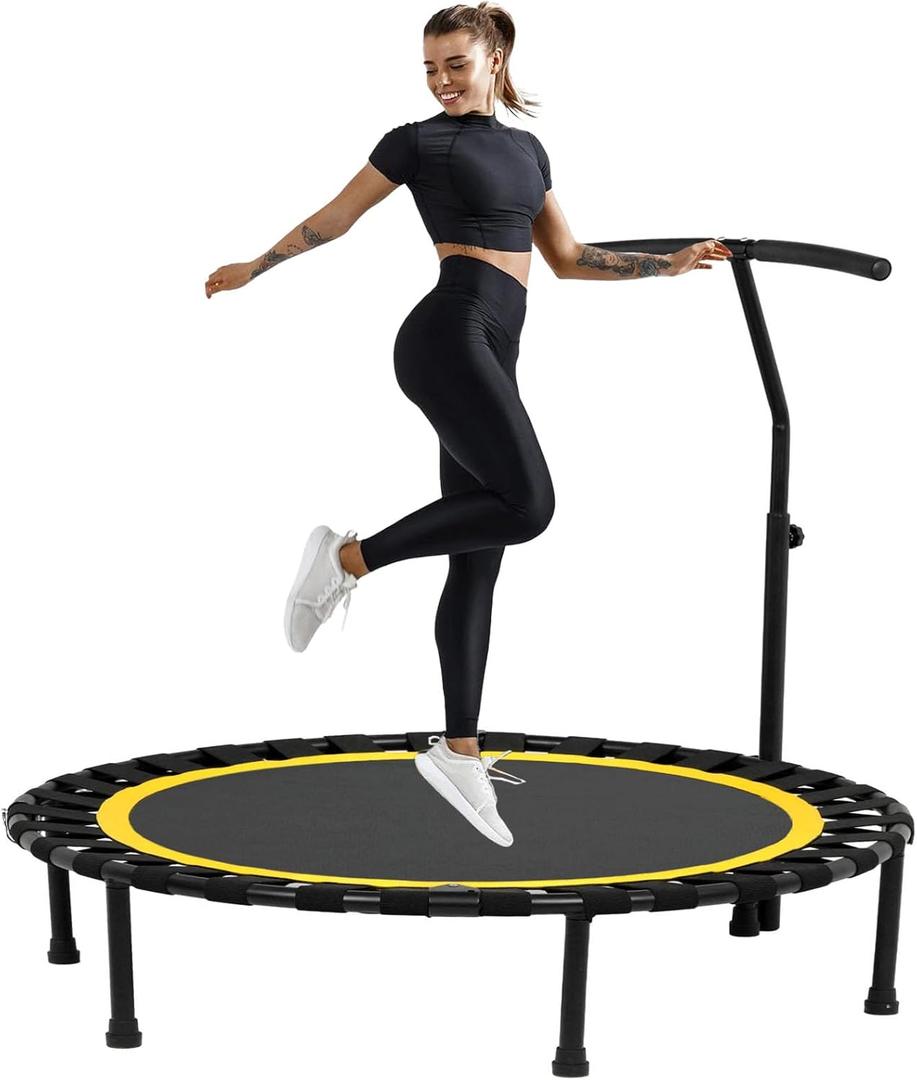 50 Foldable Mini Trampoline for Adults, 330 LBS Bungee Rebounder Trampoline Indoor/Outdoor with T Shape Adjustable Foam Handle, Stable, Quiet Exercise Workout Equipment for Home Gym (Yellow)