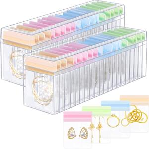 Kenning 42 Pcs Acrylic Jewelry Case Organizer, Clear Jewelry Organizers Holder with Portable Anti Tarnish Storage Bags for Rings, Earrings, Necklaces, Ideal Gifts for Women (Four Color Mixture)