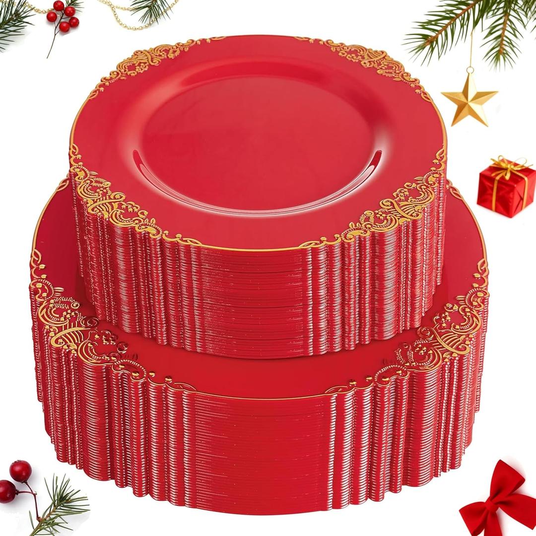 102PCS Red and Gold Plastic Plates - Red Plates Disposable - Vintage Plastic Plate with Gold Rim Include 51PCS Dessert & 51PCS Dinner Plate Perfect for & Weddings & Christmas Parties