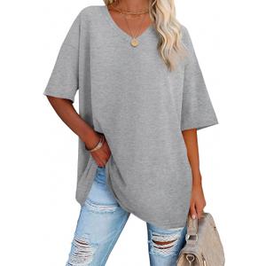 Ebifin Womens Oversized Tshirts V Neck Tee Shirts Half Sleeve Loose Fit T Shirt Cotton Tunic Tops (Gray), XL