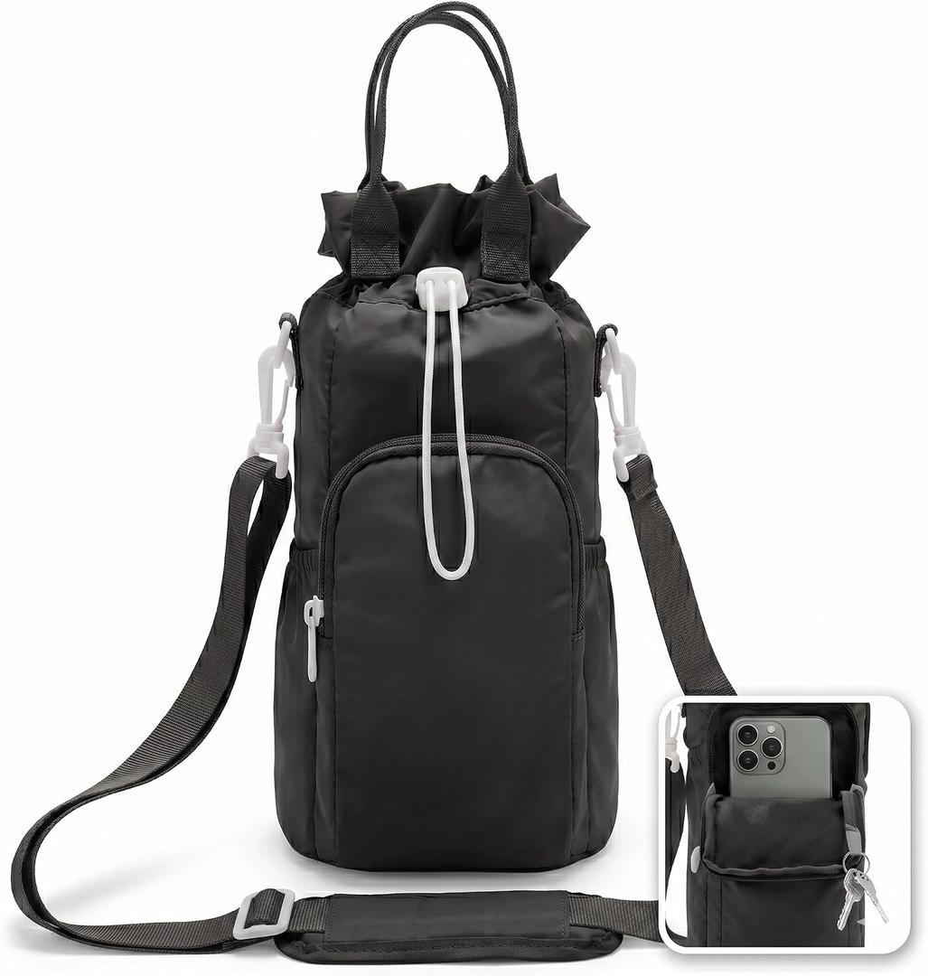 Large Water Bottle Holder with Strap - Crossbody Carrier Bag with Phone Pocket, Insulated Sling Purse - Black, 4.3 x 1.2 x 18.5 inch