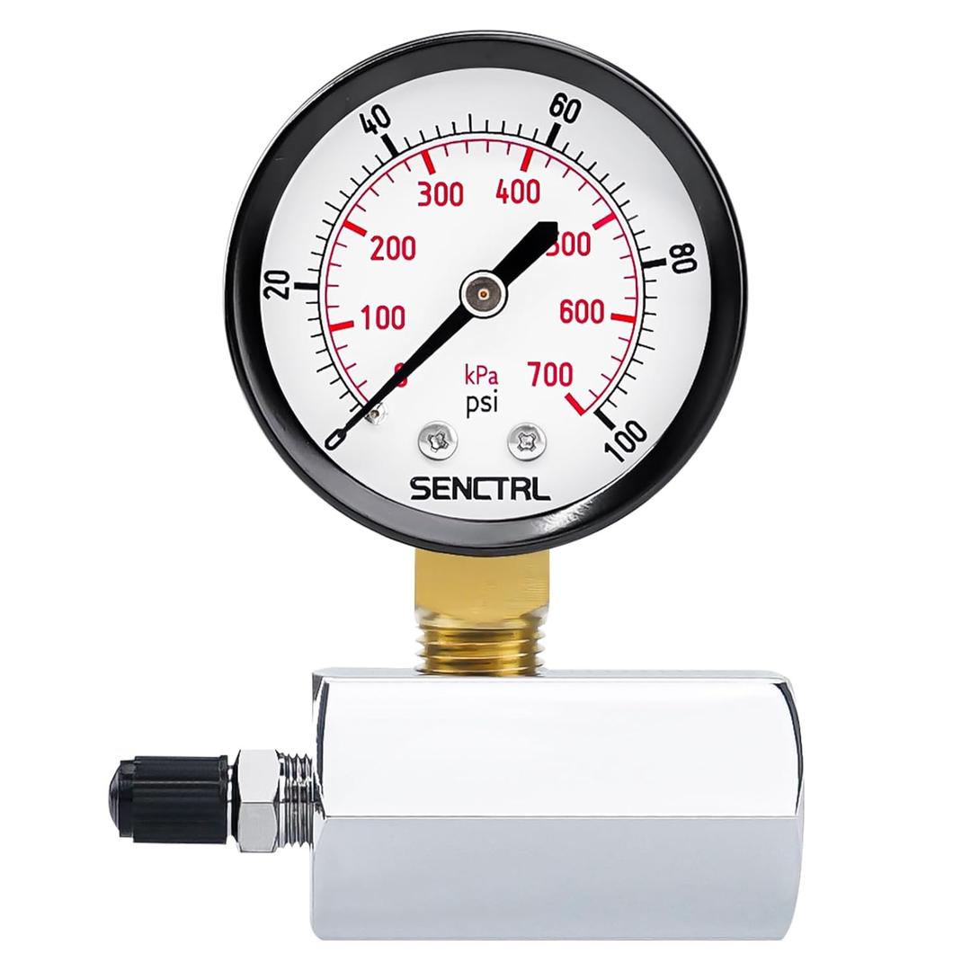 SENCTRL 0-100 Psi Gas Pressure Test Gauge, 2" Dial Size, 3/4" FNPT Connection, Brass Valve, Chrome Plated Steel Body Assembly