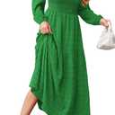 dowerme Women's Dresses 2026 Spring Puff Long Sleeve Crewneck Smocked Tiered Flowy A-Line Boho Wedding Party Maxi Dress (M)