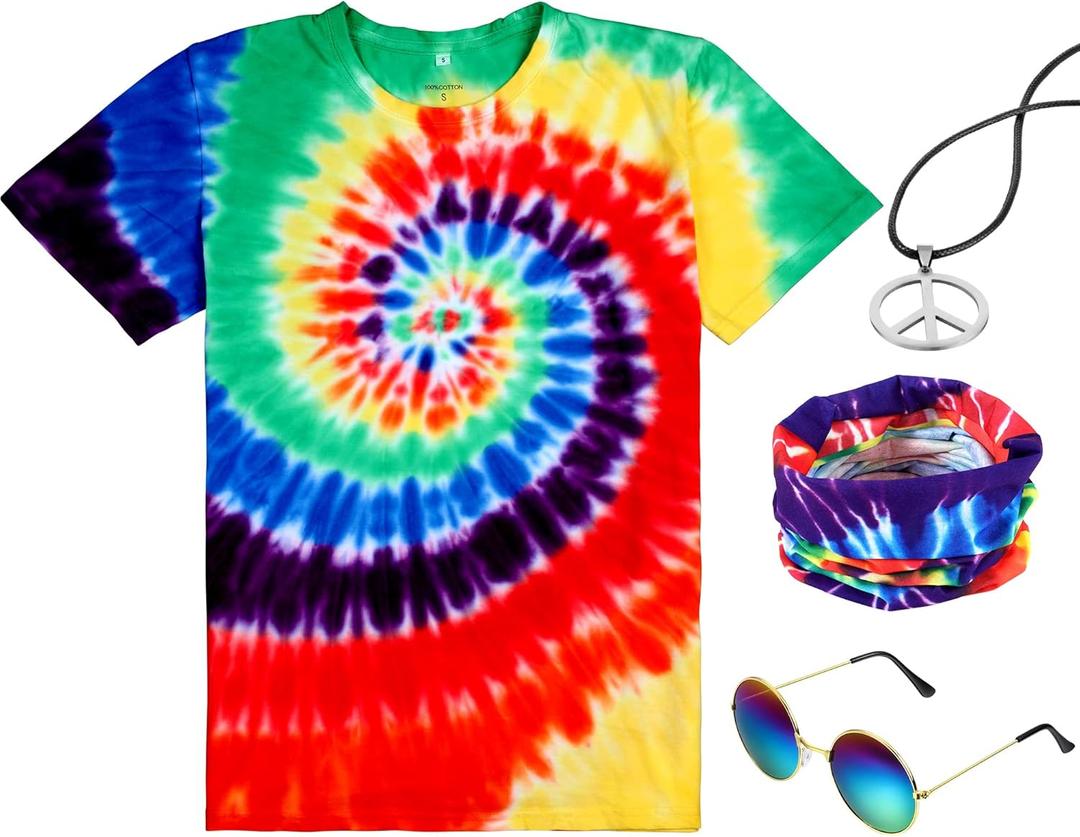 Norme 4 Pcs Hippie Costume Set Tie Dye T Shirt Peace Necklace Headband and Sunglasses for Theme Party (XL)