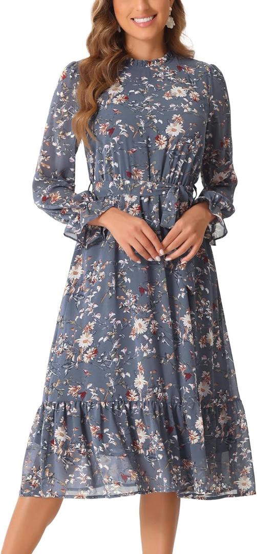 Allegra K Fall Casual Floral Dress for Women 2025 Long Sleeve Crew Neck Chiffon Midi Tea Party Ruffle Dresses (Medium, Grey Blue)