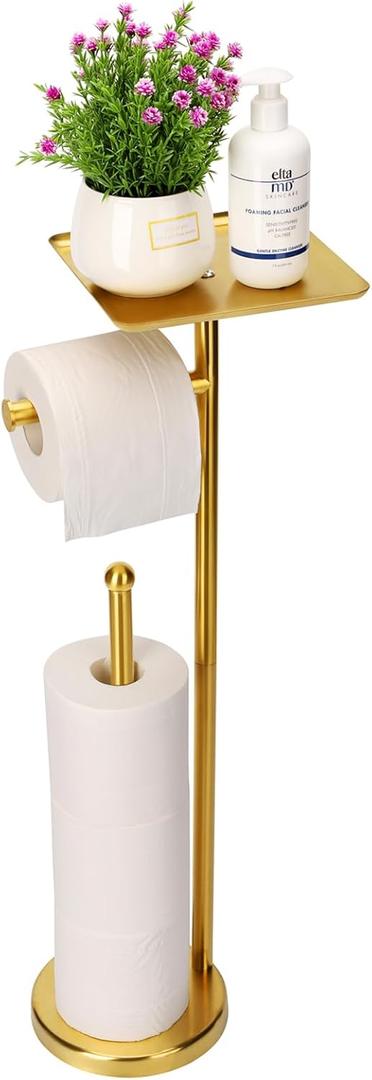 Noonext Gold Toilet Paper Holder Stand, Freestanding Toilet Paper Stand with Tray for Small Items, Toilet Paper Holder with Shelf, Storage Space for 4 Extra Toilet Paper Rolls (Gold)