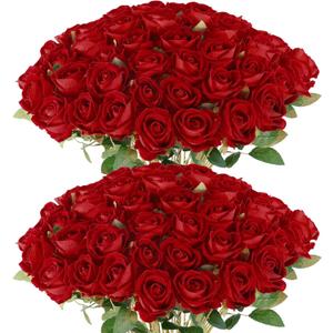 Rowfad 60 Pcs Artificial Roses Bulk Velvet Silk Roses Red Rose Flowers for Wedding Centerpieces Bridal Bouquet Mohter's Day Valentine's Day Christmas Home Decor (60, Red)