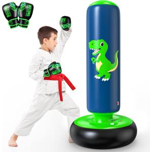 QPAU Inflatable Punching Bag, 48 Inch Stable Inflatable Boxing Bag for 3-6 Kids, Dinosaur Toy & Gifts for Boys and Girls, Kids Boxing Set for Practicing Karate, Taekwondo