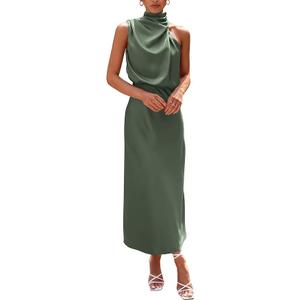 PRETTYGARDEN Women's 2026 Summer Satin Dress Elegant Sleeveless Mock Neck Cocktail Party Maxi Dresses
 Size S