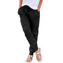 Puimentiua Womens Cotton Linen Tapered Pants Drawstring Back Elastic Waist Pants Casual Print Trousers with Pockets Black, Large