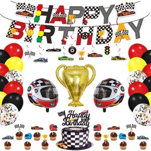 Race Car Birthday Party Supplies - Decorations With Happy Birthday Banner, Cake Topper, Cupcake Toppers, Balloons, Hanging Swirls for Boys Let's Go Racing Party