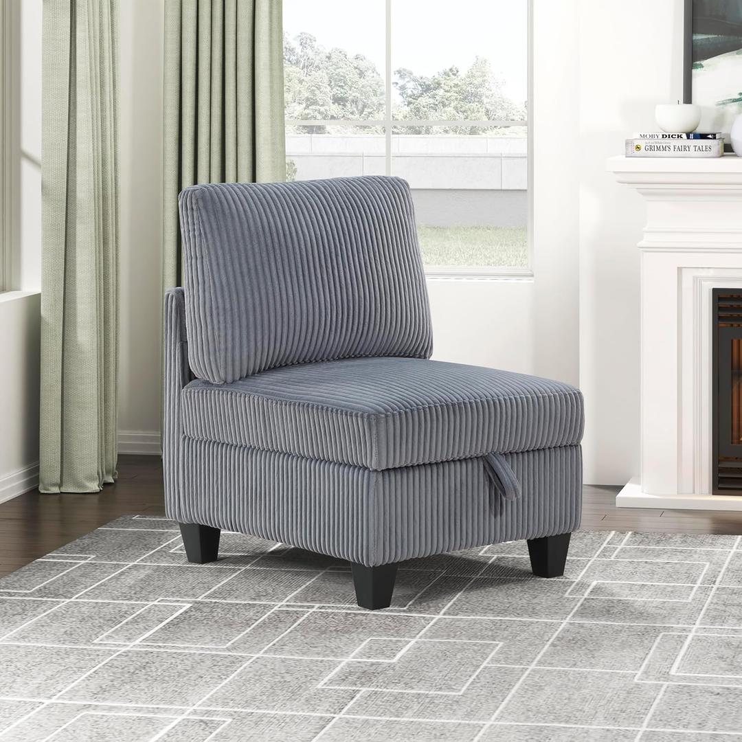 Lexicon Modular Sectional Sofa for Living Room, Corduroy Armless Chair with Storage, Units of Modular Sectional Couch, Upholstered Chair for Customizable Sectional Sofa Couch, Grey
