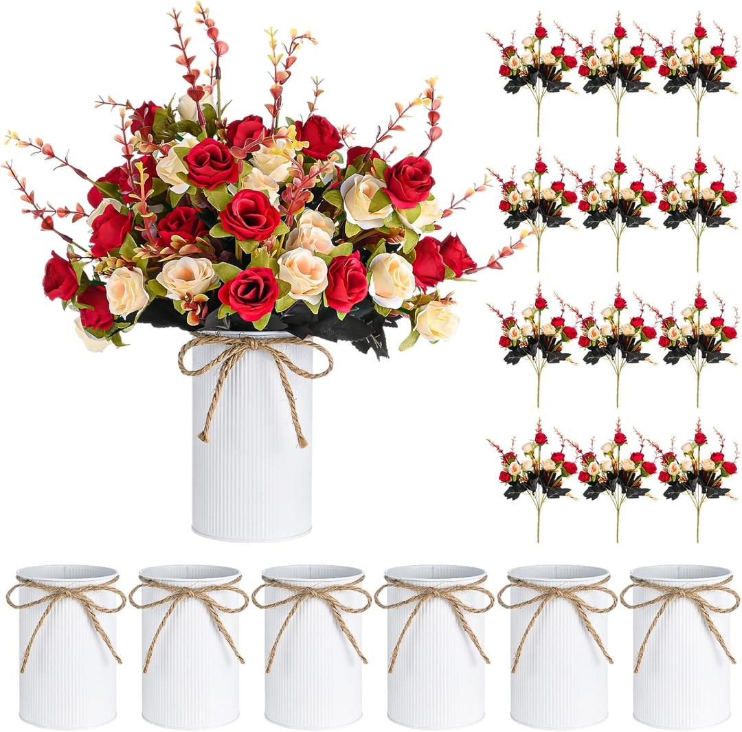 6 Set Fake Flower in Vase, Artificial Flowers with Vase, Centerpiece Table Decorations with 6 Pcs 6 Inch Large Vases and 12 Pcs Mixed Colors Silk Rose Bouquet for Wedding Home Office Farmhouse Decor