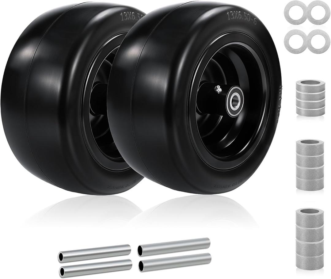 2PC 13x6.50-6 Flat Free Tire and Wheel, Larger Diameter Hub, Universal 3/4" Bearings with Additional 5/8" and 1/2" Axle Sleeves, Front Tires for Zero Turn Mowers Adjustable Center Hub (5.5" to 7.9").