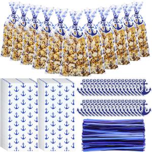 Gueevin 150 Set Nautical Anchor Cellophane Treat Bags Bulk Goodie Candy Cookie Cello Bags with Twist Ties Gift Cards Party Favors for Party Supplies