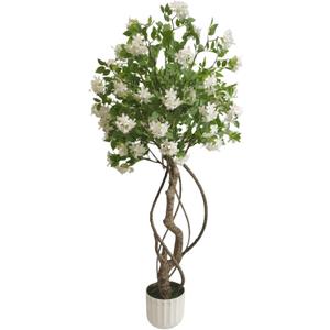 Artificial White Flower Tree 5FT Tall Faux Floral Plant with Green Leaves - No Maintenance Indoor Outdoor Home Office Porch Decor Housewarming Gift (1 Pack)