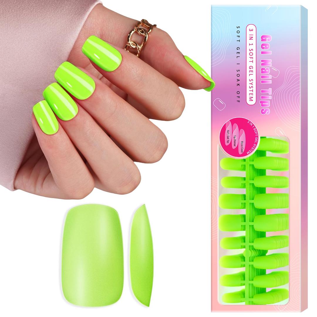 Neon Green Soft Gel Nail Tips Medium Short Square Gel Tips Pre-colored Press on Nails Pre Applied Tip Primer Natural Acrylic Fake Nails Extensions for DIY Nail, 300Pcs