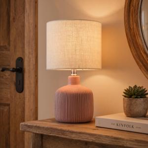 KAWOTI Ceramic Table Lamp, 17.75" Rustic Farmhouse Bedside Lamp with Beige Linen Shade, Warm Ambient Nightstand Lighting for Bedroom or Living Room, Painted Terra