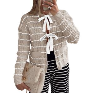 Saodimallsu Womens Striped Tie Front Cardigan Sweaters Crew Neck Long Sleeve Cable Knit Bow Knot Trendy Sweater Tops (Small, Apricot)