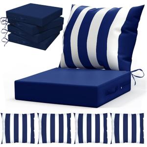 LAGRATY Outdoor Chair Cushions for Patio Furniture24" x 24" Deep Seat Cushions with Backrest for Couch Sofa Chair - Waterproof Fade-Resistant Patio Cushion (Set of 4,Navy Blue and White)