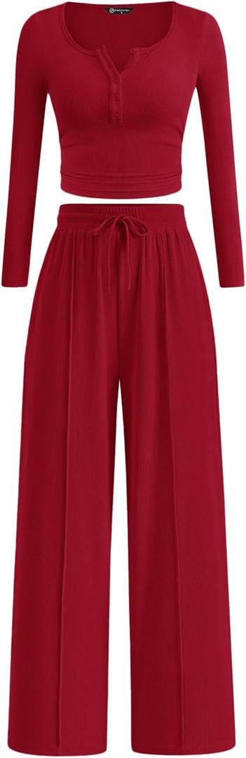 PRETTYGARDEN Women's 2026 Fall Trendy 2 Piece Outfits Lounge Sets Long Sleeve Top Henley Shirts Wide Leg Pants Travel Clothes (Large, Red)