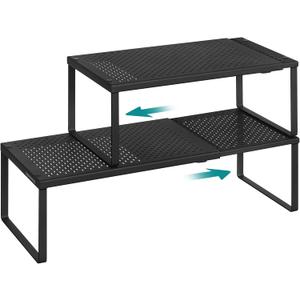 SONGMICS Spice Racks, Set of 2 Expandable Kitchen Countertop Shelves, Small Cupboard Organizers, Metal, Space-Saving Tabletop Shelves, Matte Black UKCS402B01