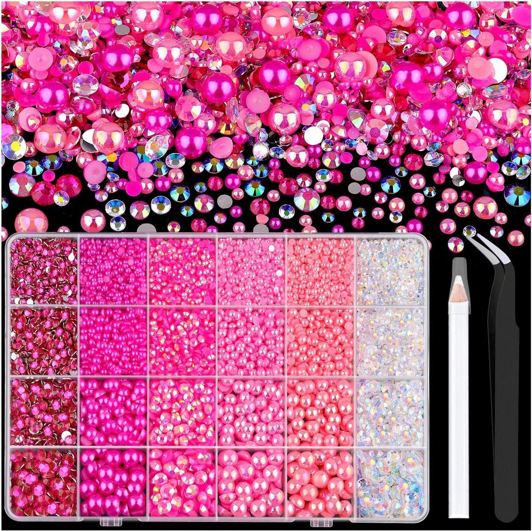 14000PCS Flatback Pearls and Pink Rhinestones for Bedazzling Kit (Hot Pink) | Mixed Size 3-10mm Resin Rhinestones and Half Pearls for Crafting, Nail Art Crafts Grad Cap Decoration