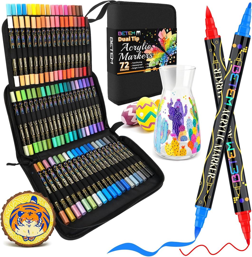 Betem Paint Markers Acrylic Paint Pens, Dual Tip 72 Colors Acrylic Markers with Brush Tip and Fine Point, Art Supplies for Wood, Canvas, Stone, Glass, Rock Painting Kit DIY Crafts Drawing Kit with Bag