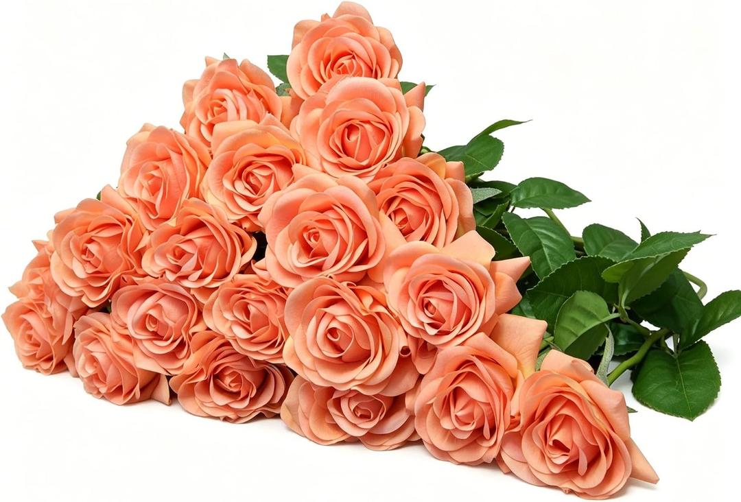 20 Pcs Real Touch Artificial Roses Fake Rose Long Stem Silk Faux Flowers Bridal Bouquet for Wedding Home Decor Romantic Valentine Gifts (Orange)