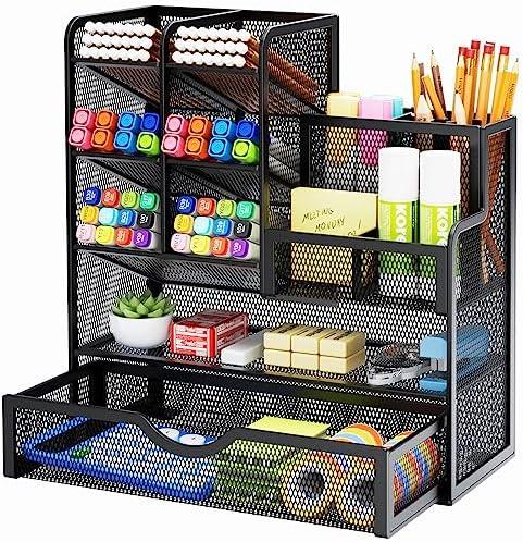 Marbrasse Mesh Pen Holder for Desk, Multi-Functional Pencil Organizer with Drawer, Desk Organizers and Accessories for Office Art Supplies (Black)