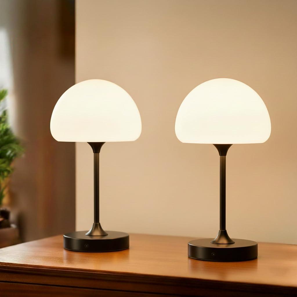 Black Glass Cordless Mushroom Table Lamp Set of 2-13 Inch Rechargeable Battery Operated Bedside Night Light with Stepless Dimming Touch Control for Bedroom Nightstand