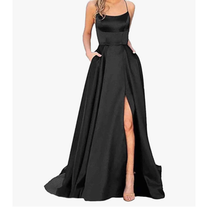Women's Elegant Long Prom Dresses with Pockets Satin Halter Spaghetti Strap Wedding Dress Gowns, Size S