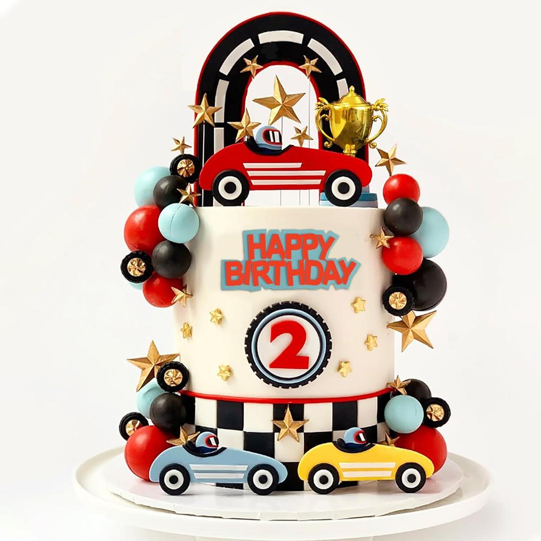 Racing Cake Toppers with Black Red Blue Balls Trophy Stars for Racing Birthday Decorations