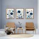 DUWQU 3 Pcs Blue Floral Canvas Wall Art, Wood Framed Navy Blue Wildflower Lily Daisy Wall Decor, Watercolor Botanical Flower Home Poster Art Prints for Living Room Bedroom Bathroom 1624 Inches